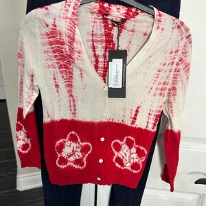 SAMANTHA SUNG Red and White Tie-Dye Cashmere/silk Floral Knit Cardigan